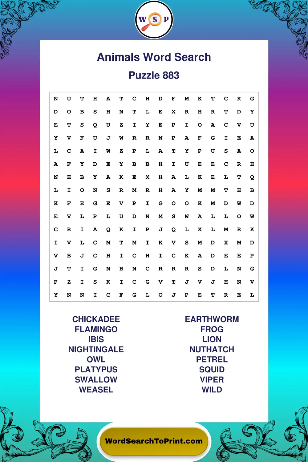 Animals Word Search Puzzle 883