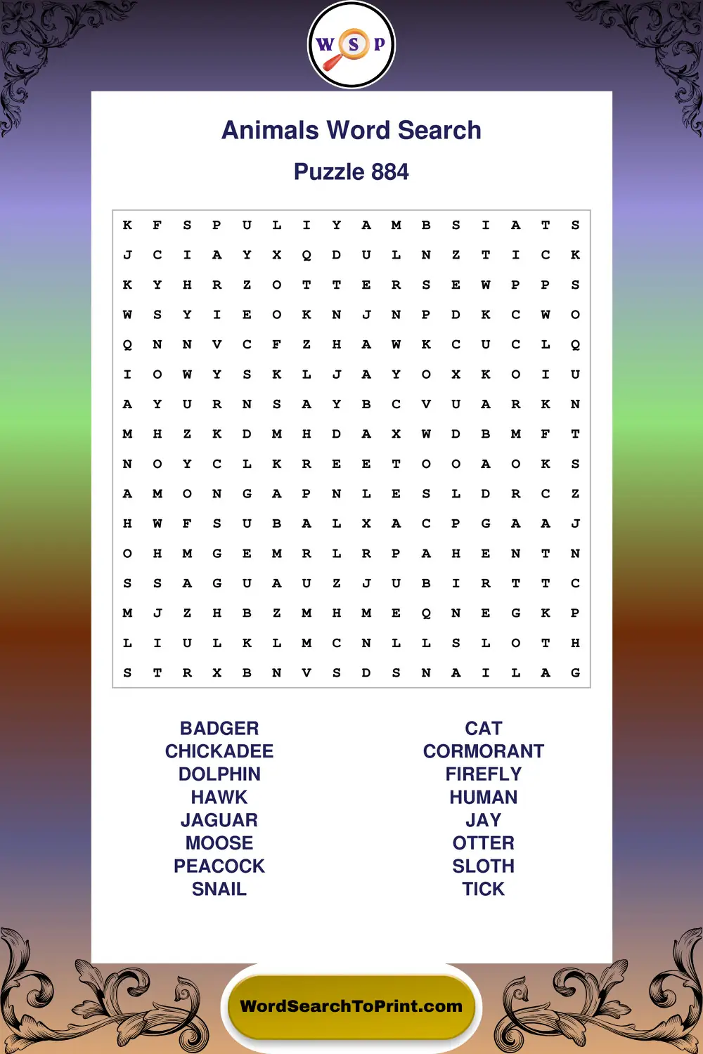 Animals Word Search Puzzle 884