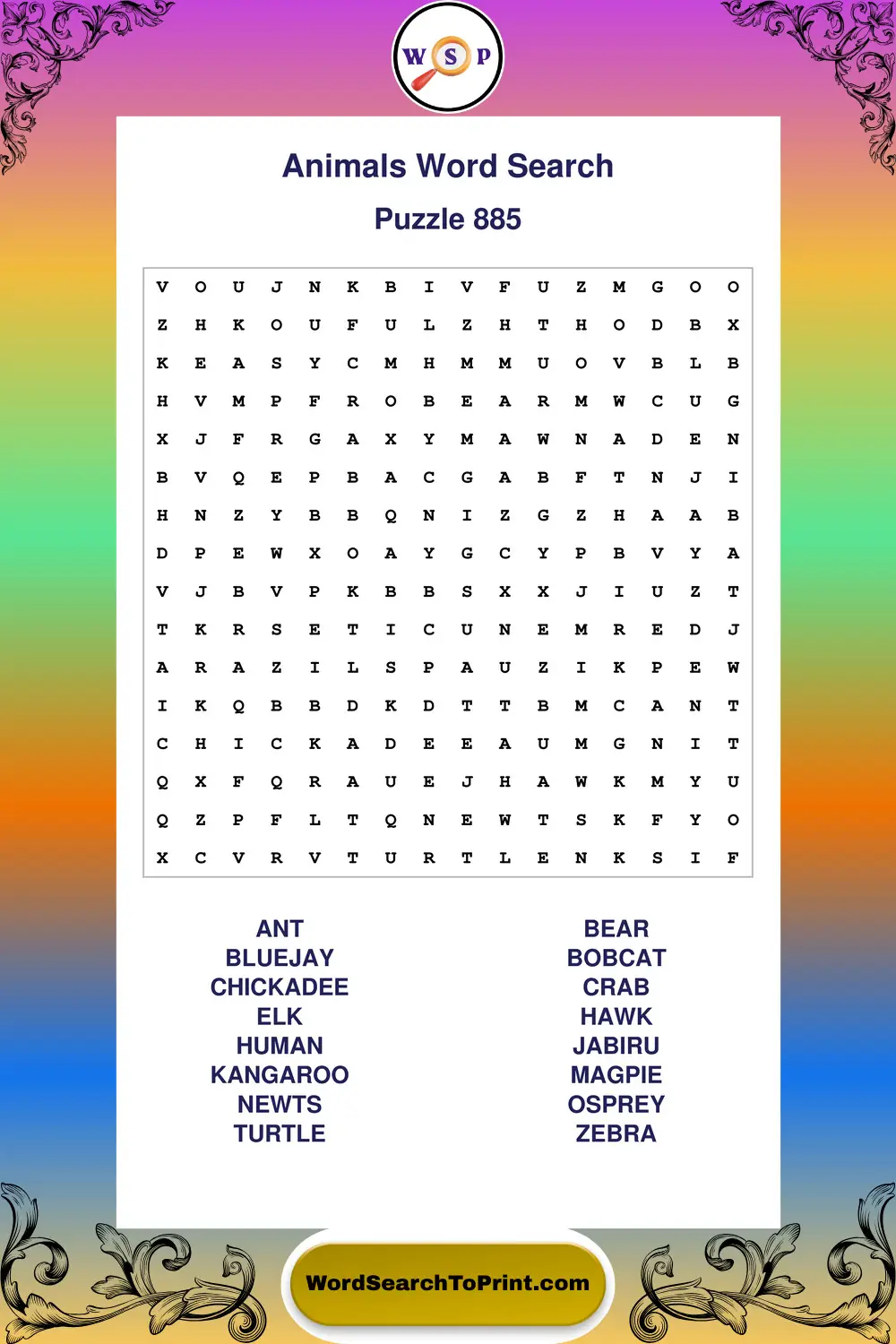 Animals Word Search Puzzle 885
