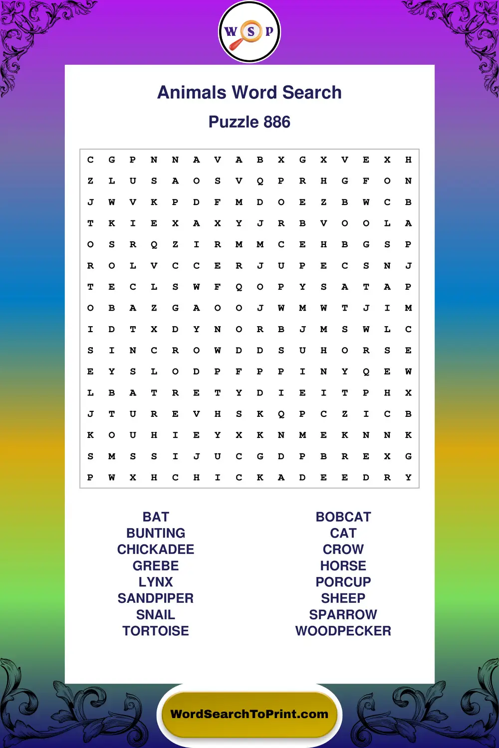 Animals Word Search Puzzle 886