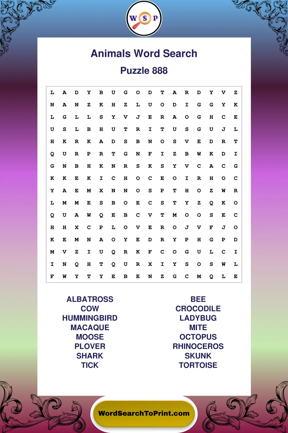 Animals Word Search Puzzle 888