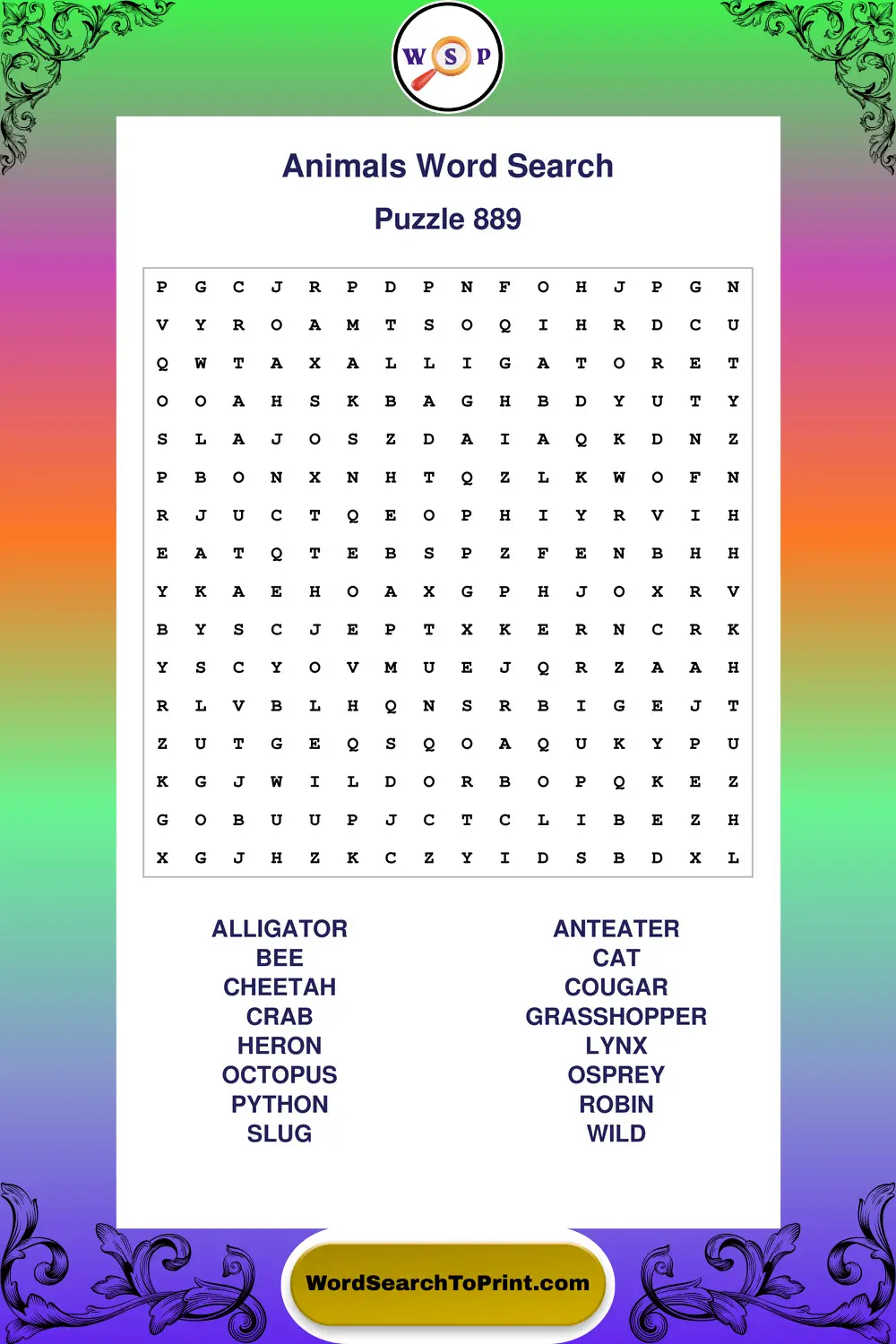 Animals Word Search Puzzle 889