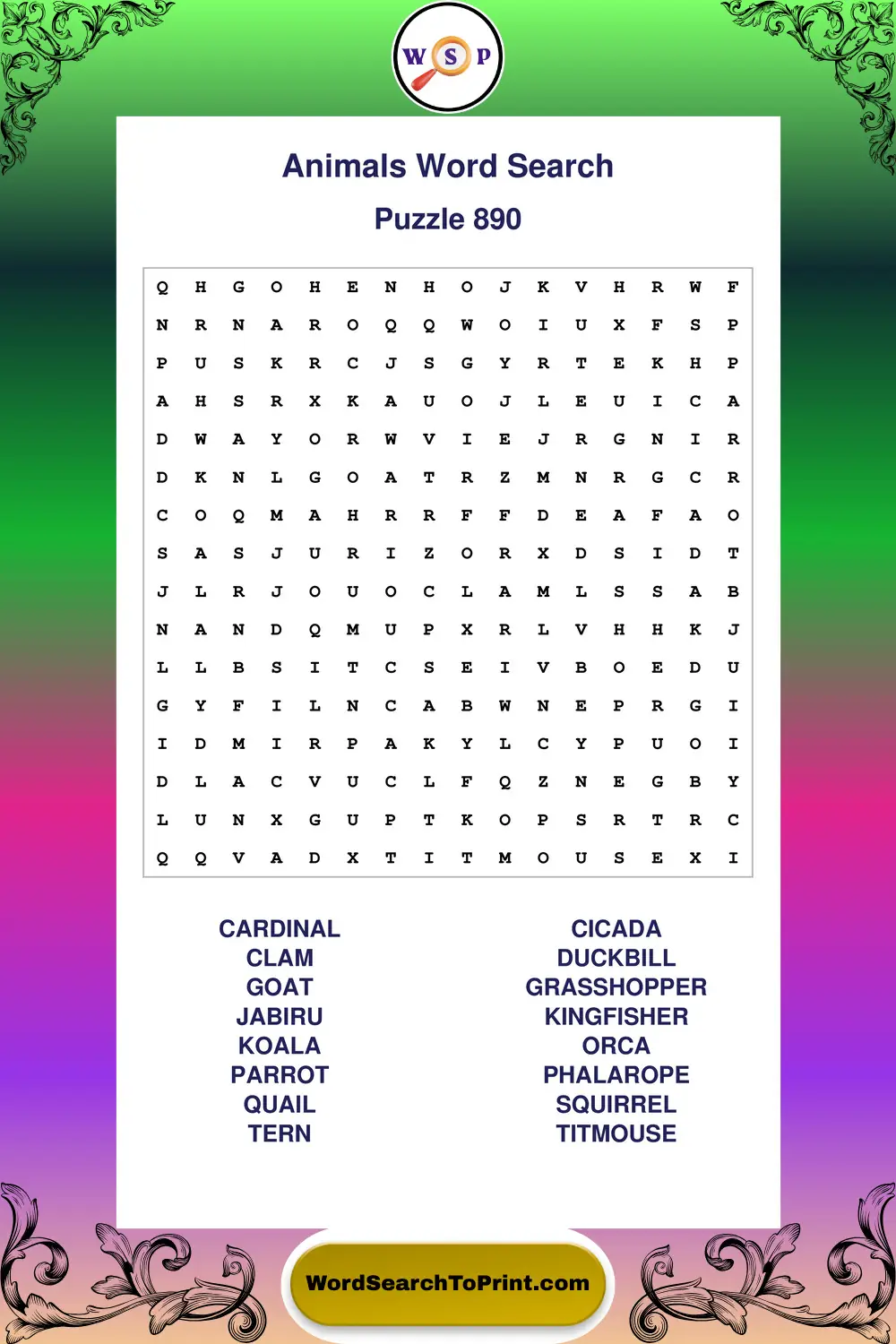 Animals Word Search Puzzle 890