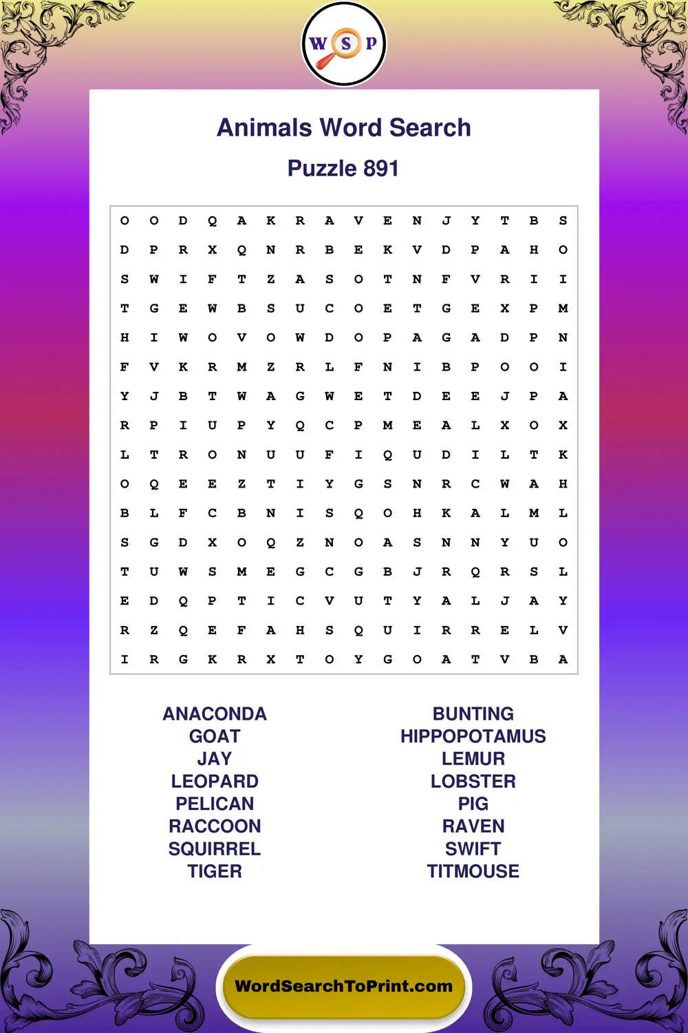 Animals Word Search Puzzle 891