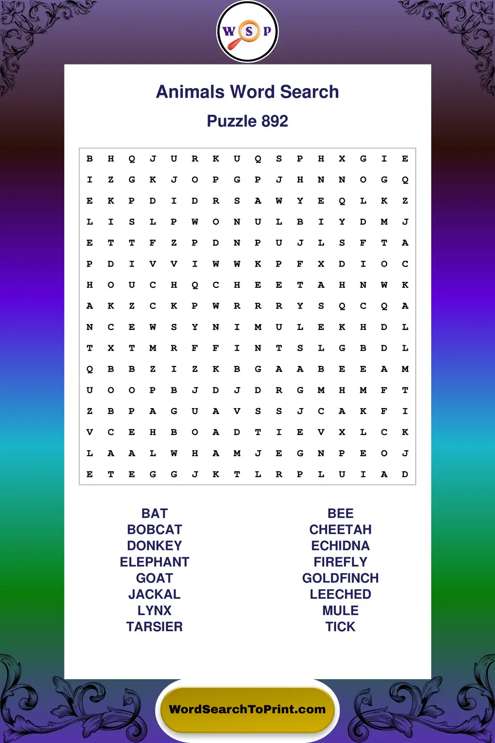 Animals Word Search Puzzle 892