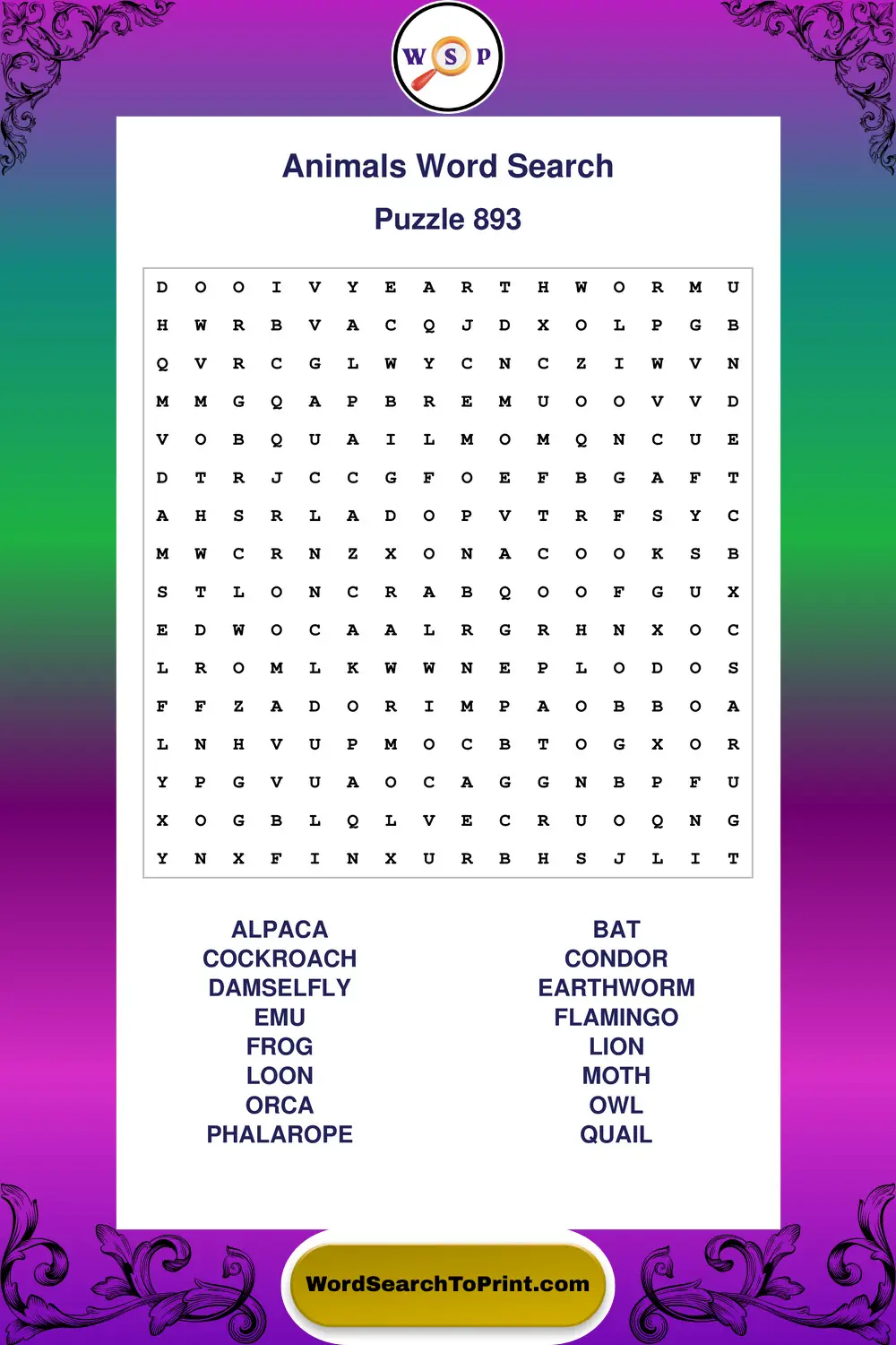 Animals Word Search Puzzle 893