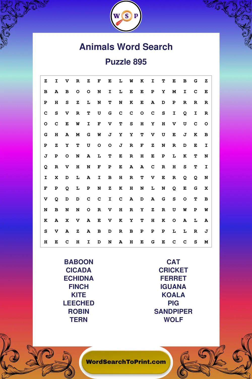 Animals Word Search Puzzle 895