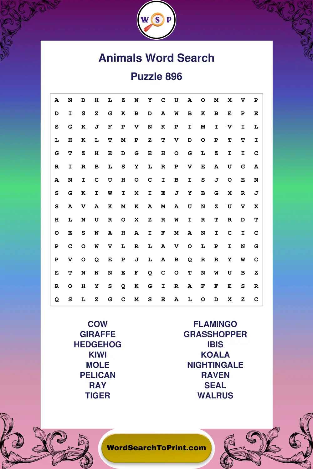 Animals Word Search Puzzle 896
