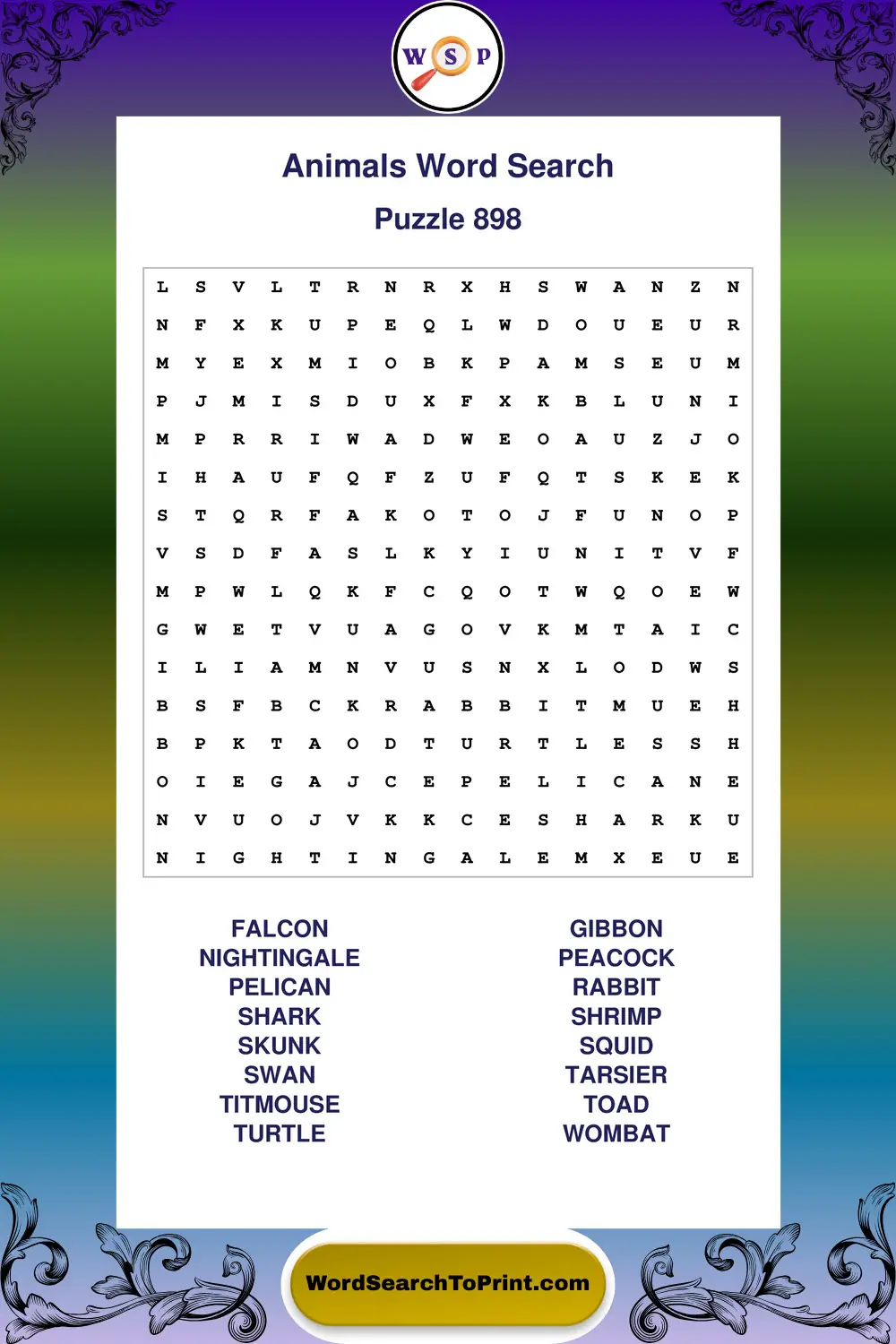 Animals Word Search Puzzle 898