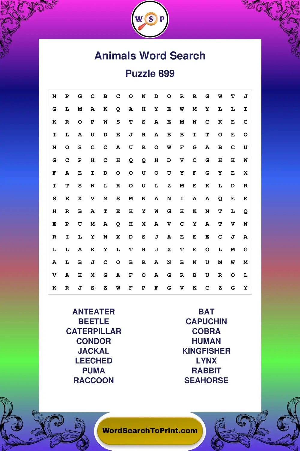 Animals Word Search Puzzle 899