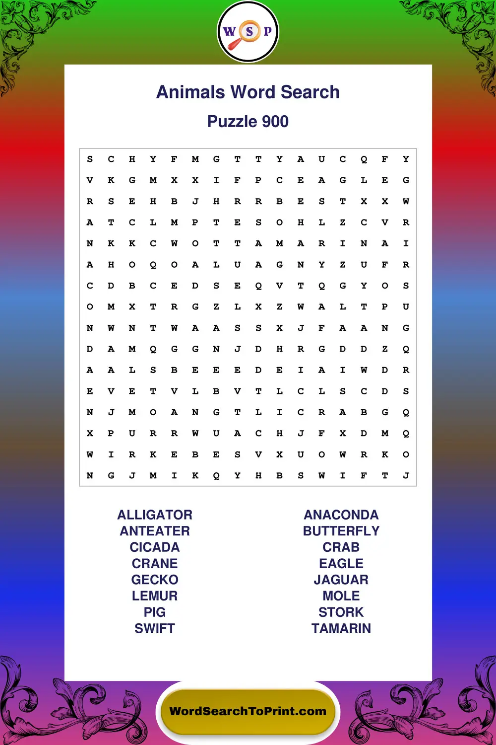 Animals Word Search Puzzle 900