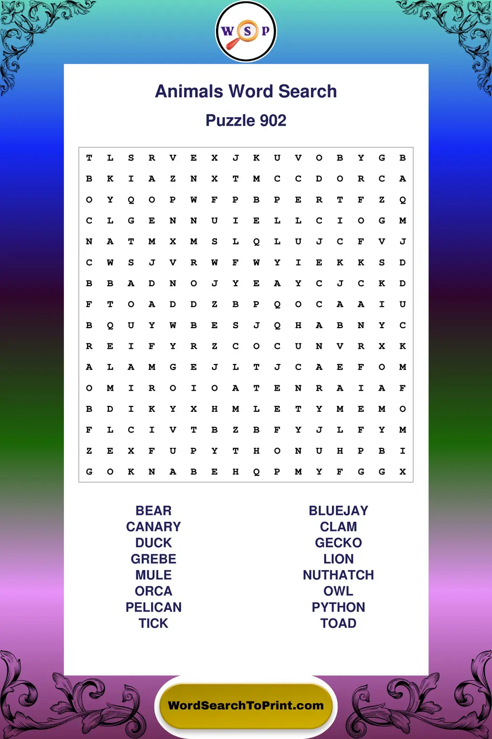 Animals Word Search Puzzle 902
