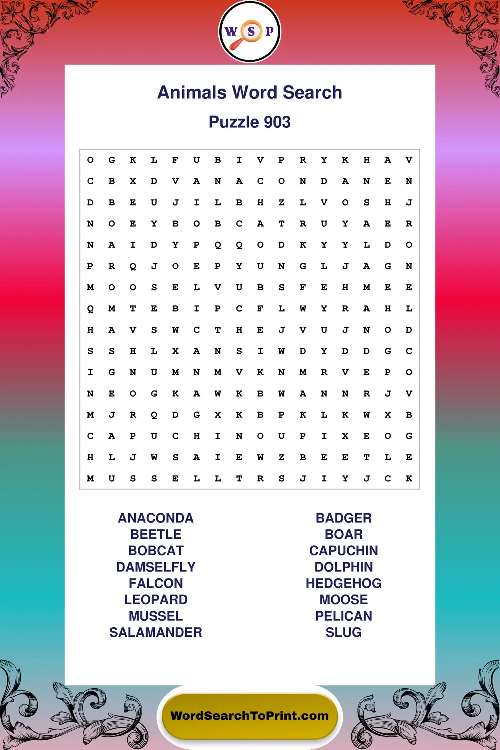 Animals Word Search Puzzle 903