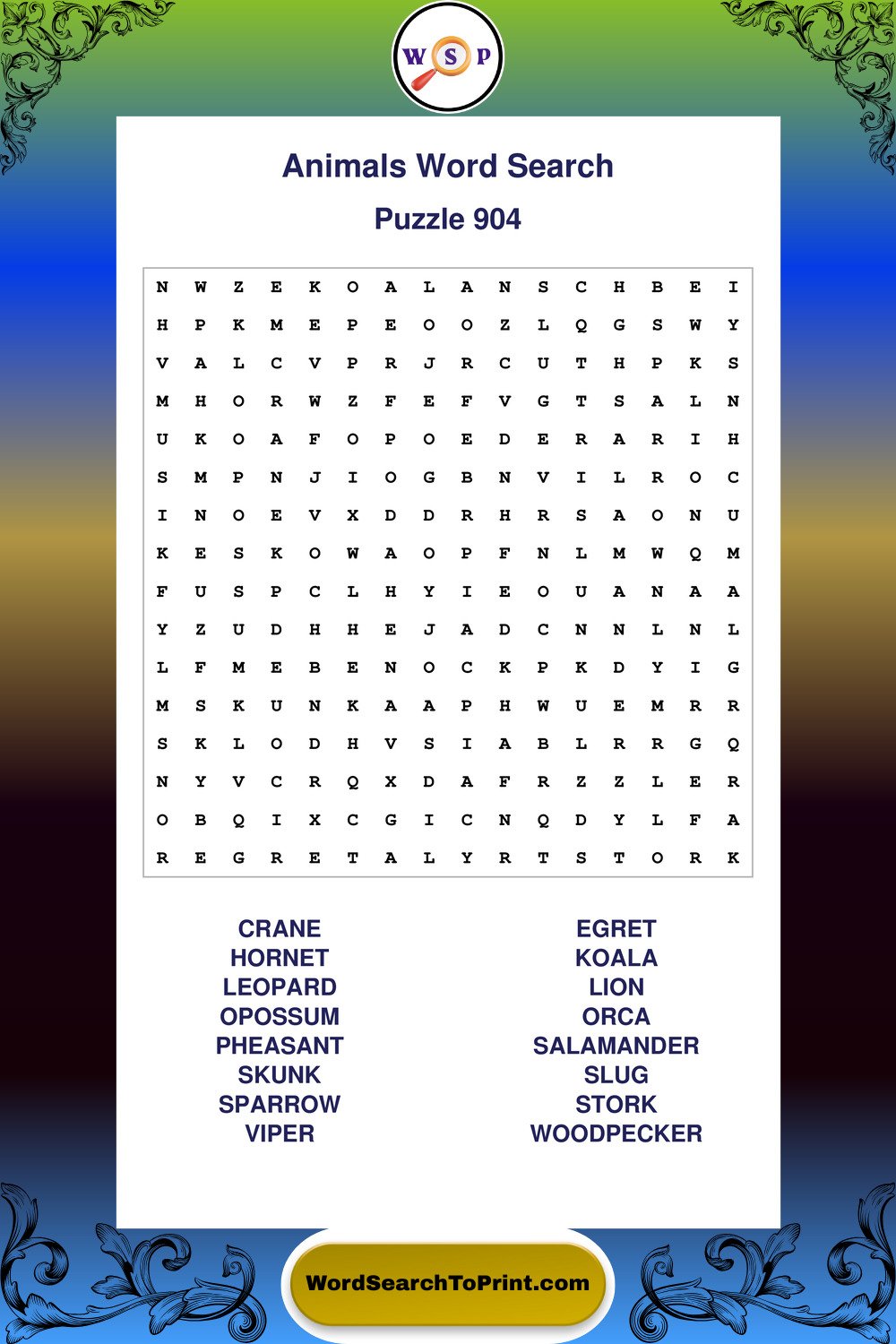 Animals Word Search Puzzle 904