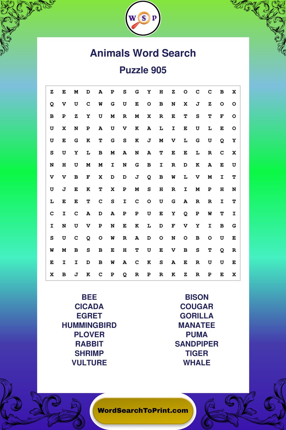 Animals Word Search Puzzle 905