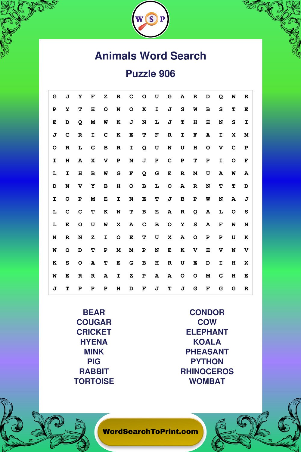 Animals Word Search Puzzle 906