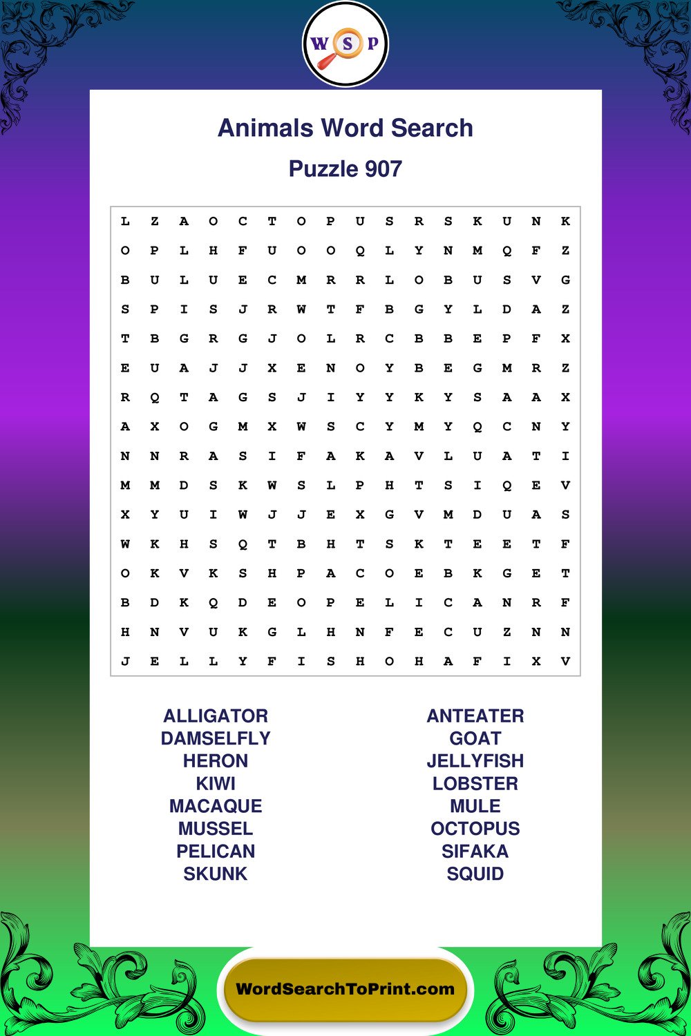 Animals Word Search Puzzle 907
