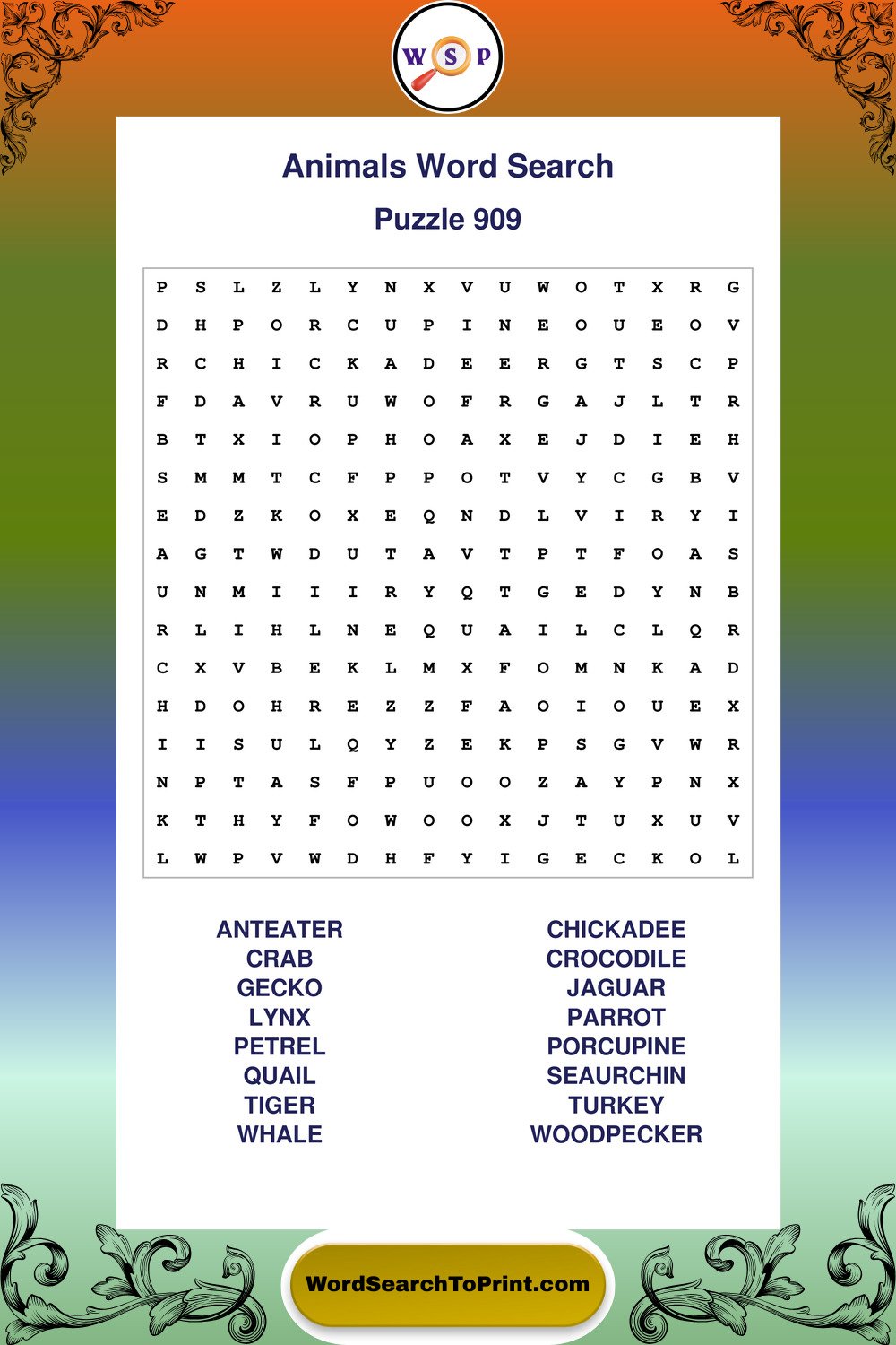 Animals Word Search Puzzle 909