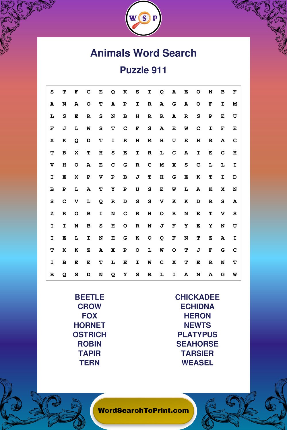 Animals Word Search Puzzle 911