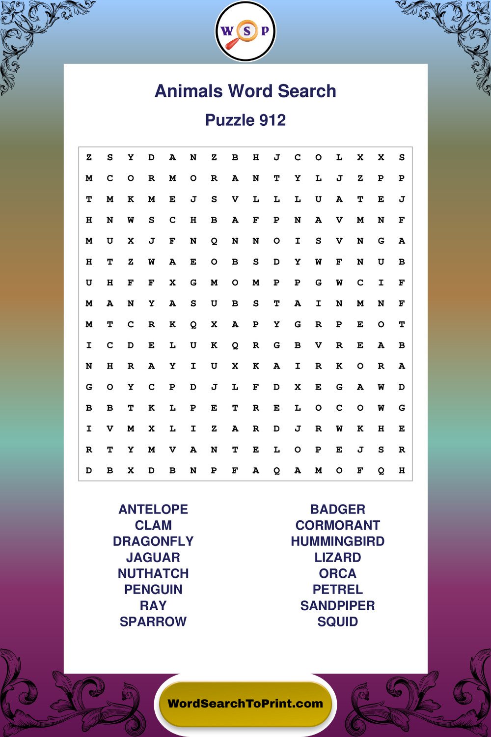 Animals Word Search Puzzle 912