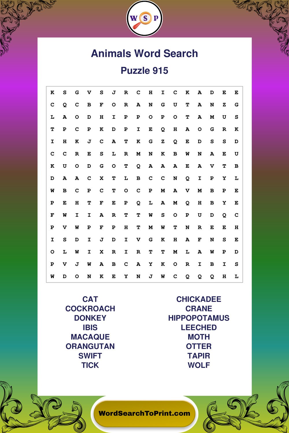 Animals Word Search Puzzle 915