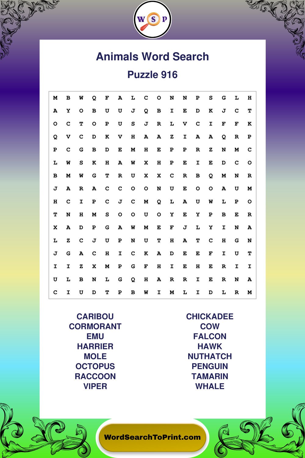 Animals Word Search Puzzle 916