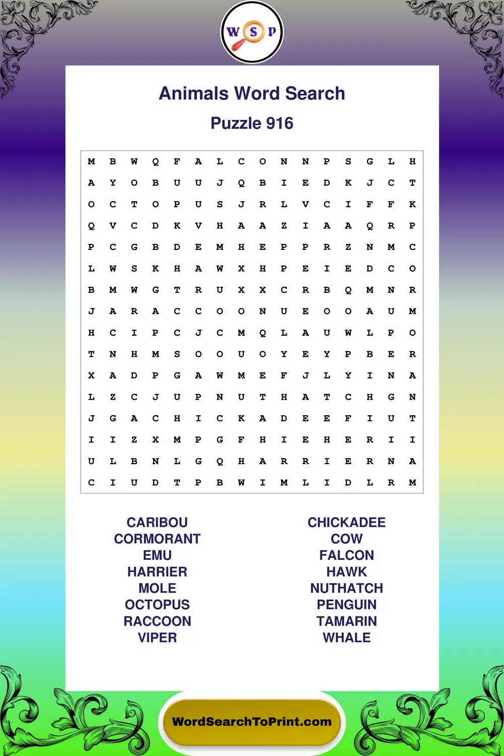 Animals Word Search Puzzle 916