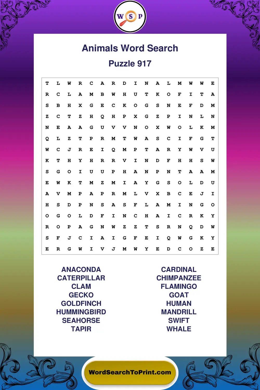 Animals Word Search Puzzle 917
