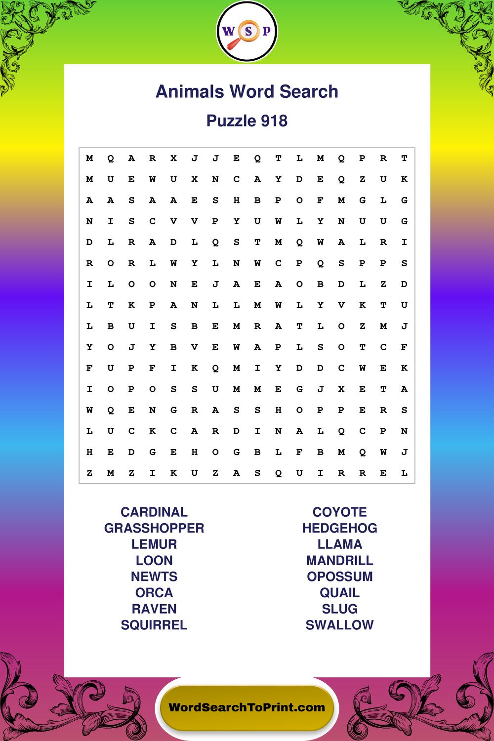 Animals Word Search Puzzle 918