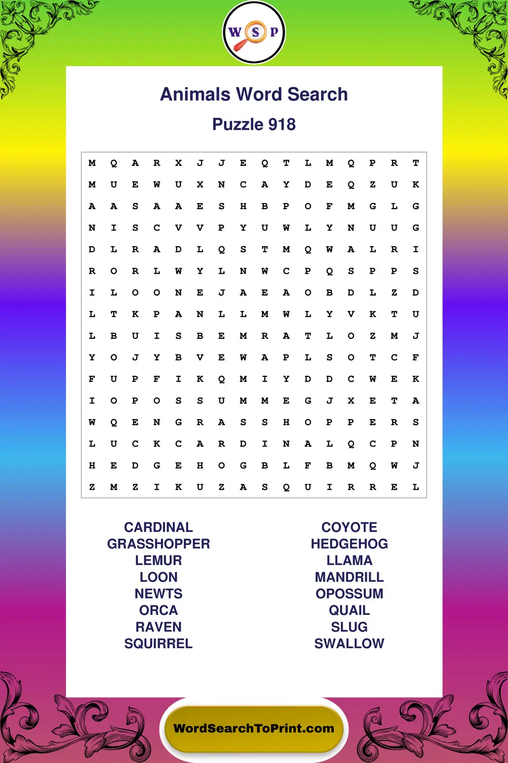Animals Word Search Puzzle 918