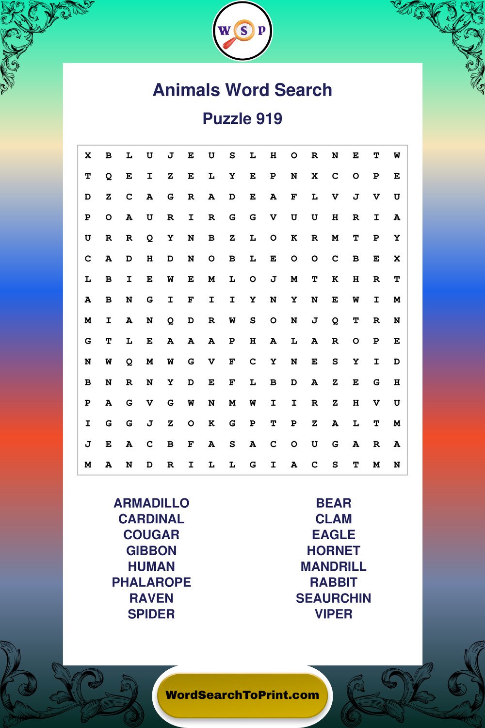 Animals Word Search Puzzle 919
