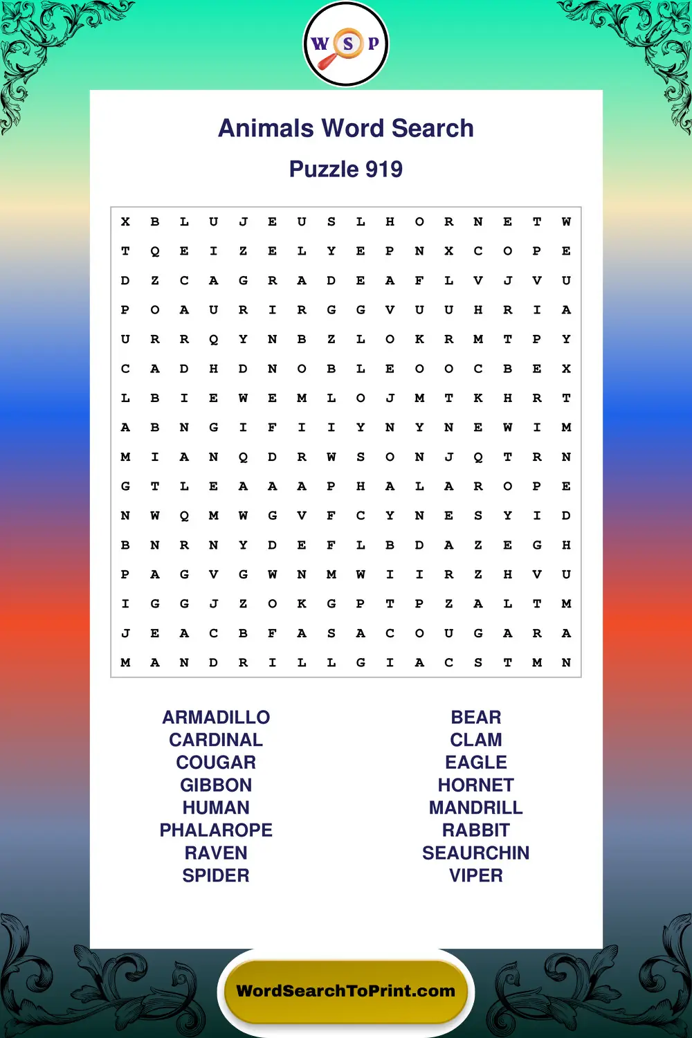 Animals Word Search Puzzle 919