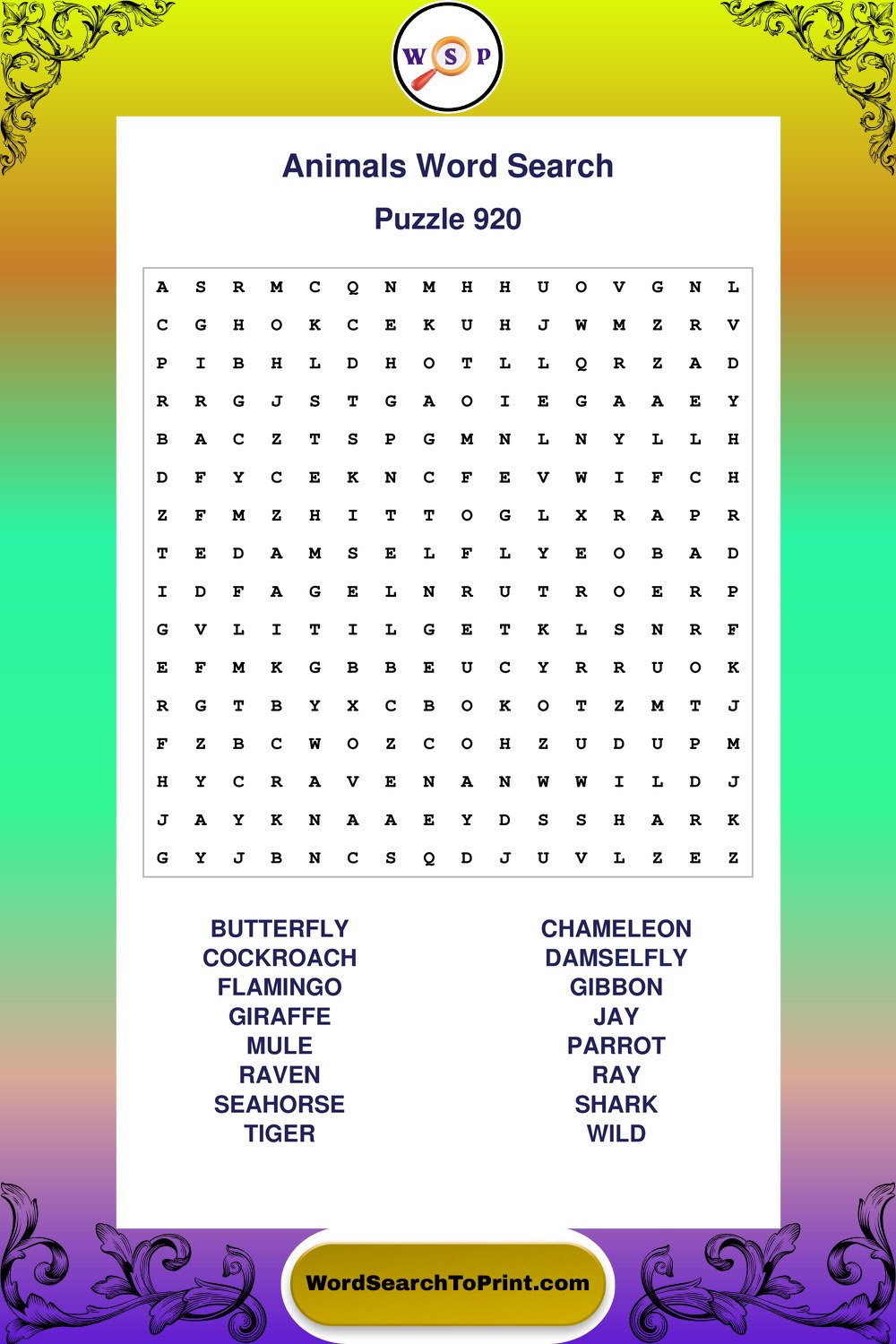Animals Word Search Puzzle 920