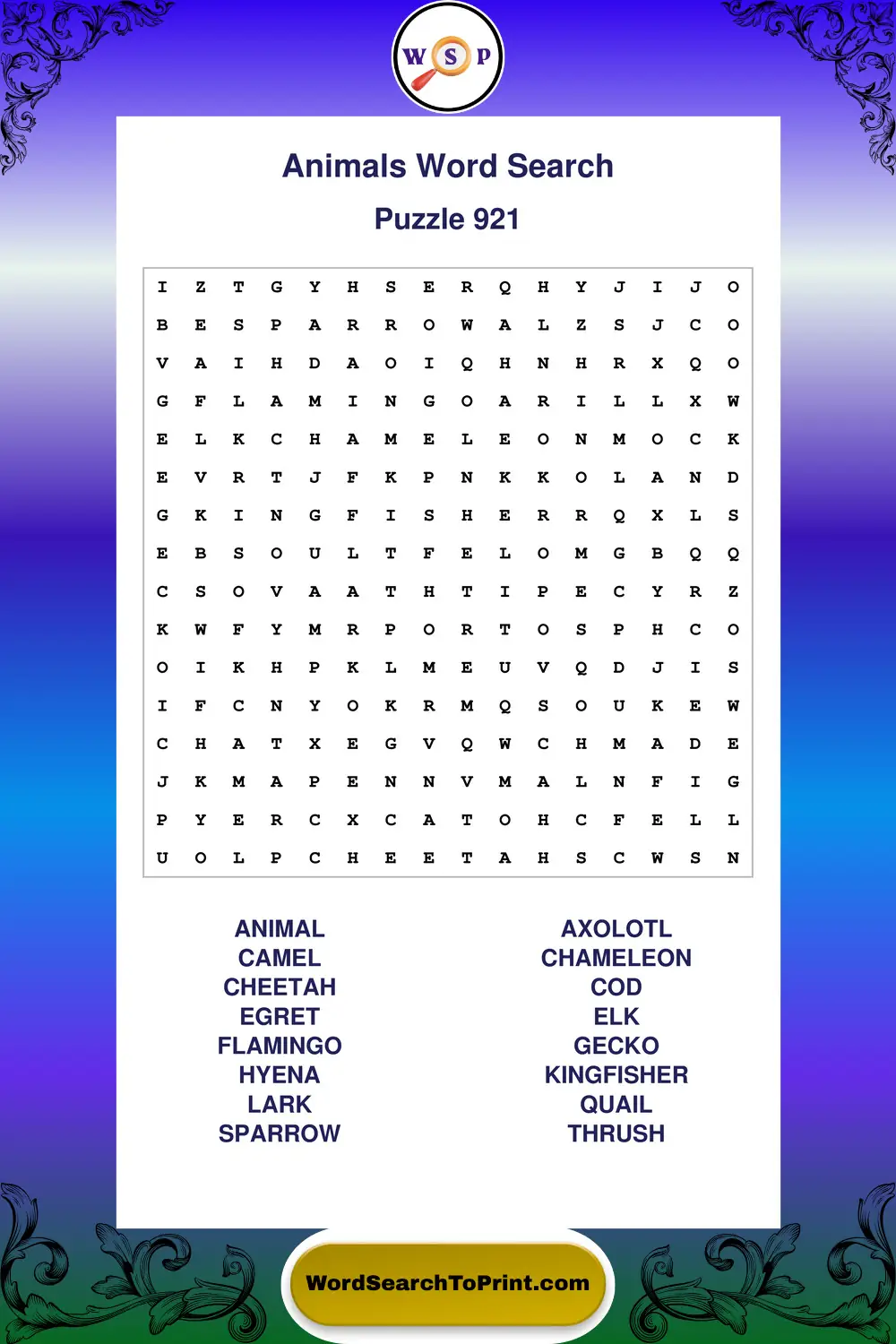 Animals Word Search Puzzle 921