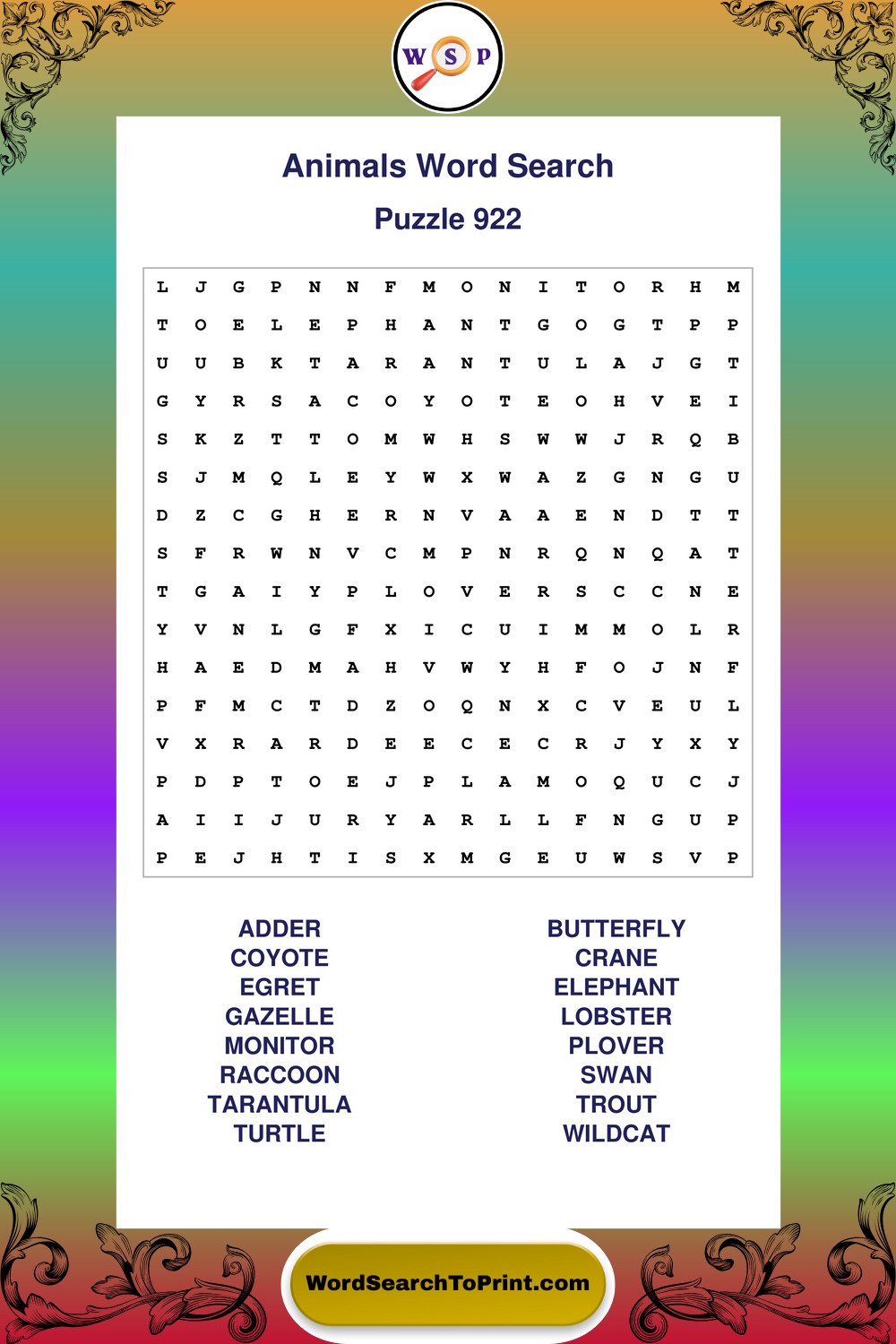 Animals Word Search Puzzle 922
