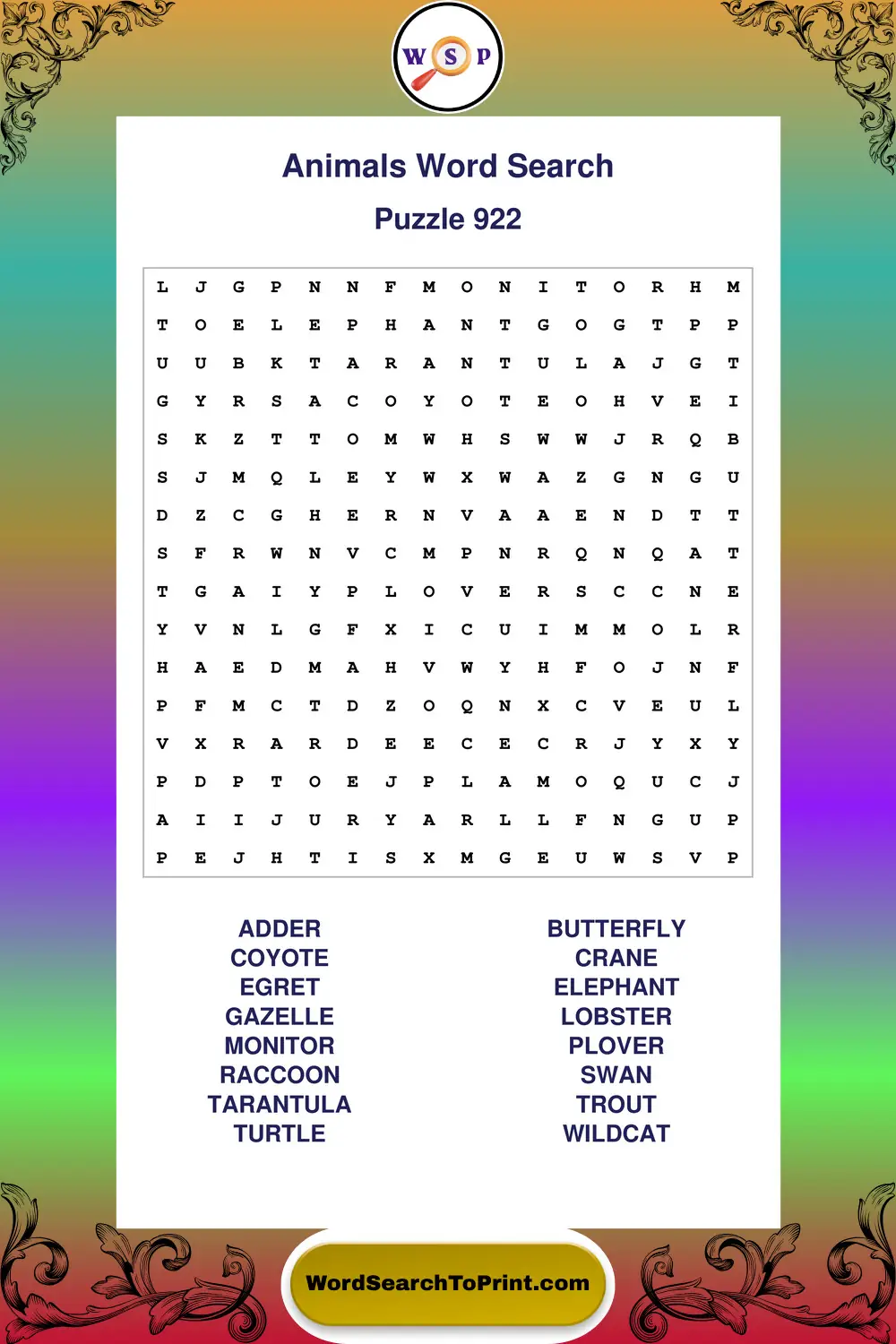 Animals Word Search Puzzle 922