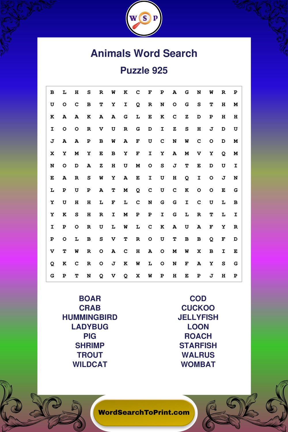 Animals Word Search Puzzle 925