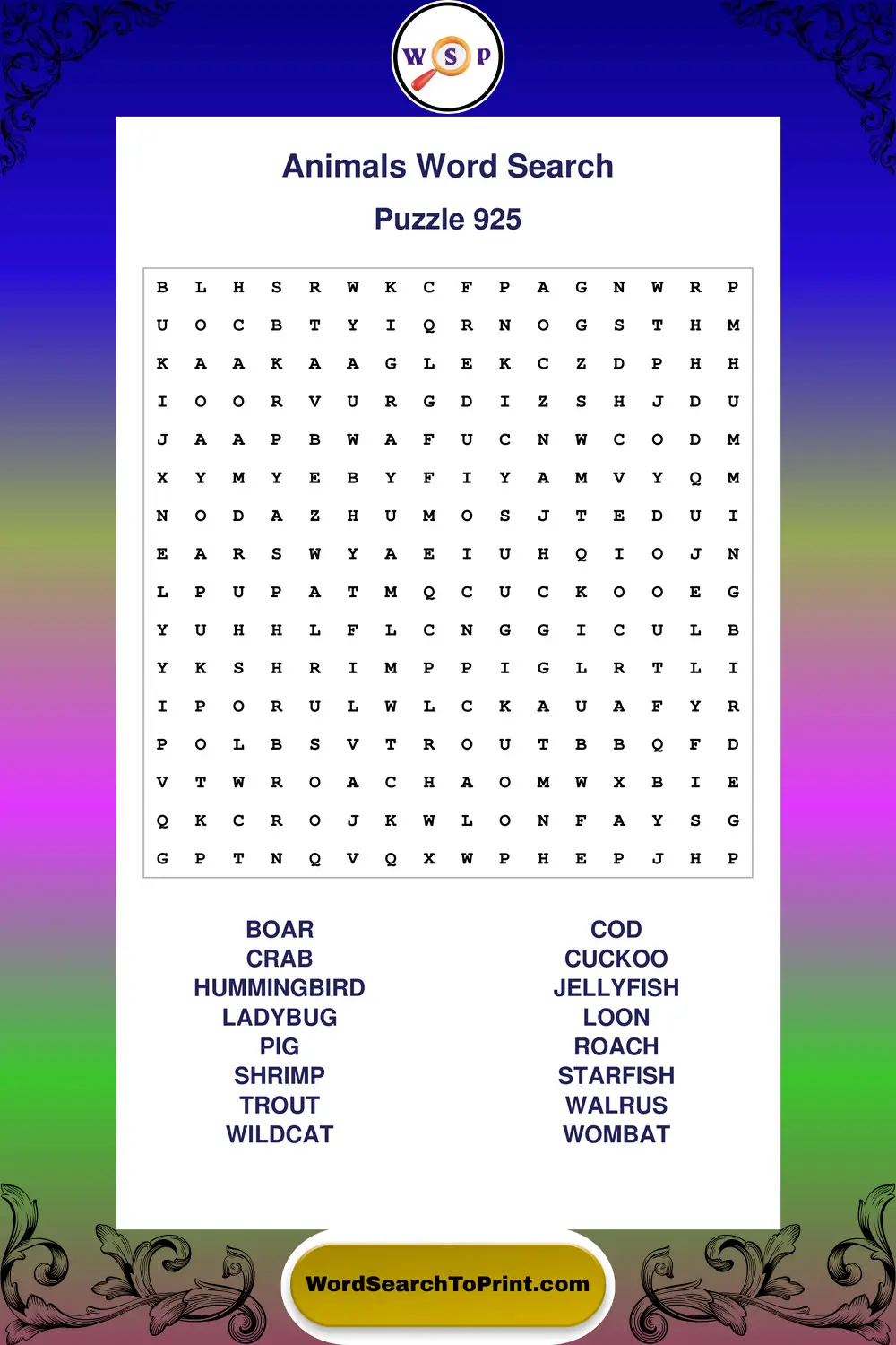 Animals Word Search Puzzle 925