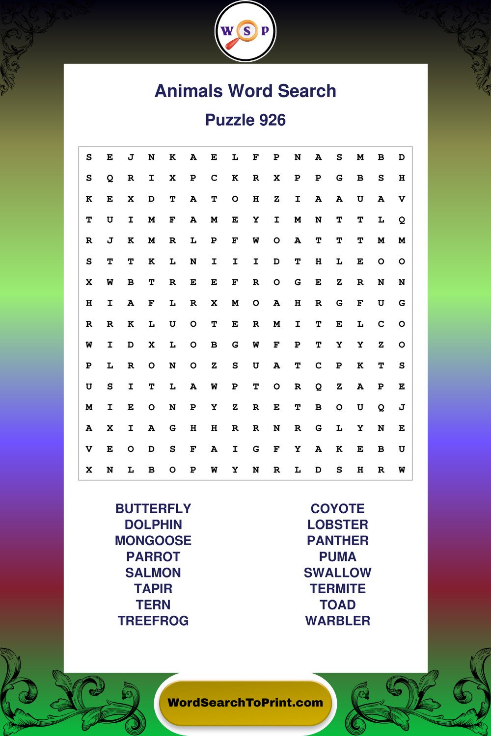 Animals Word Search Puzzle 926
