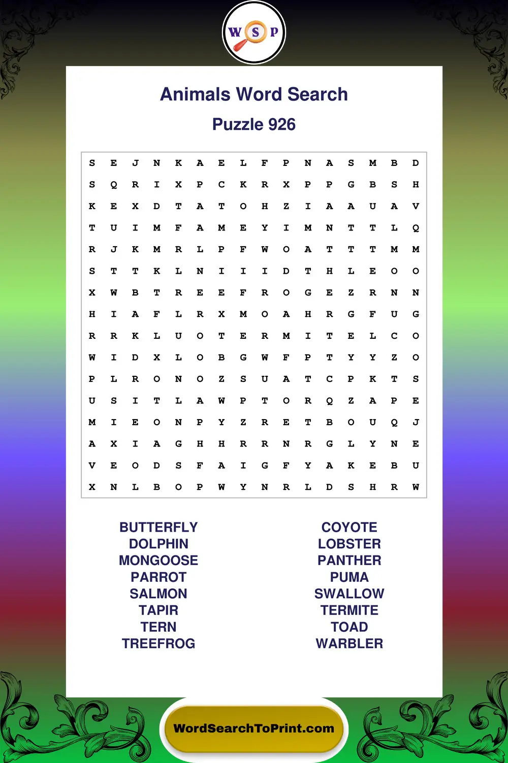 Animals Word Search Puzzle 926