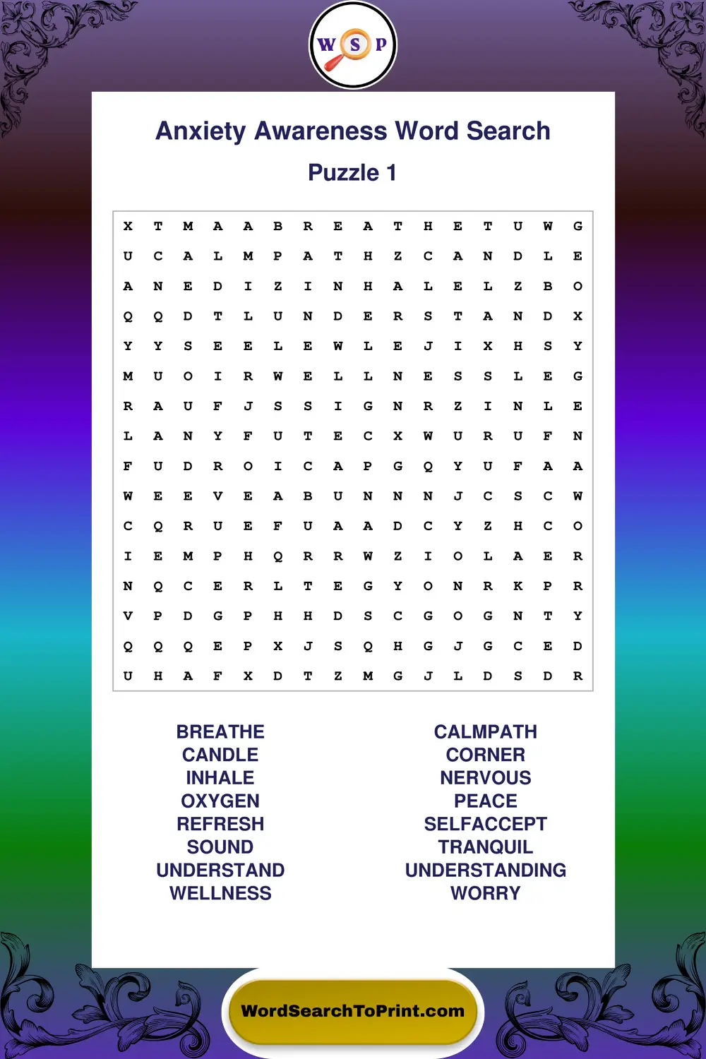Anxiety Awareness Word Search Puzzle 1
