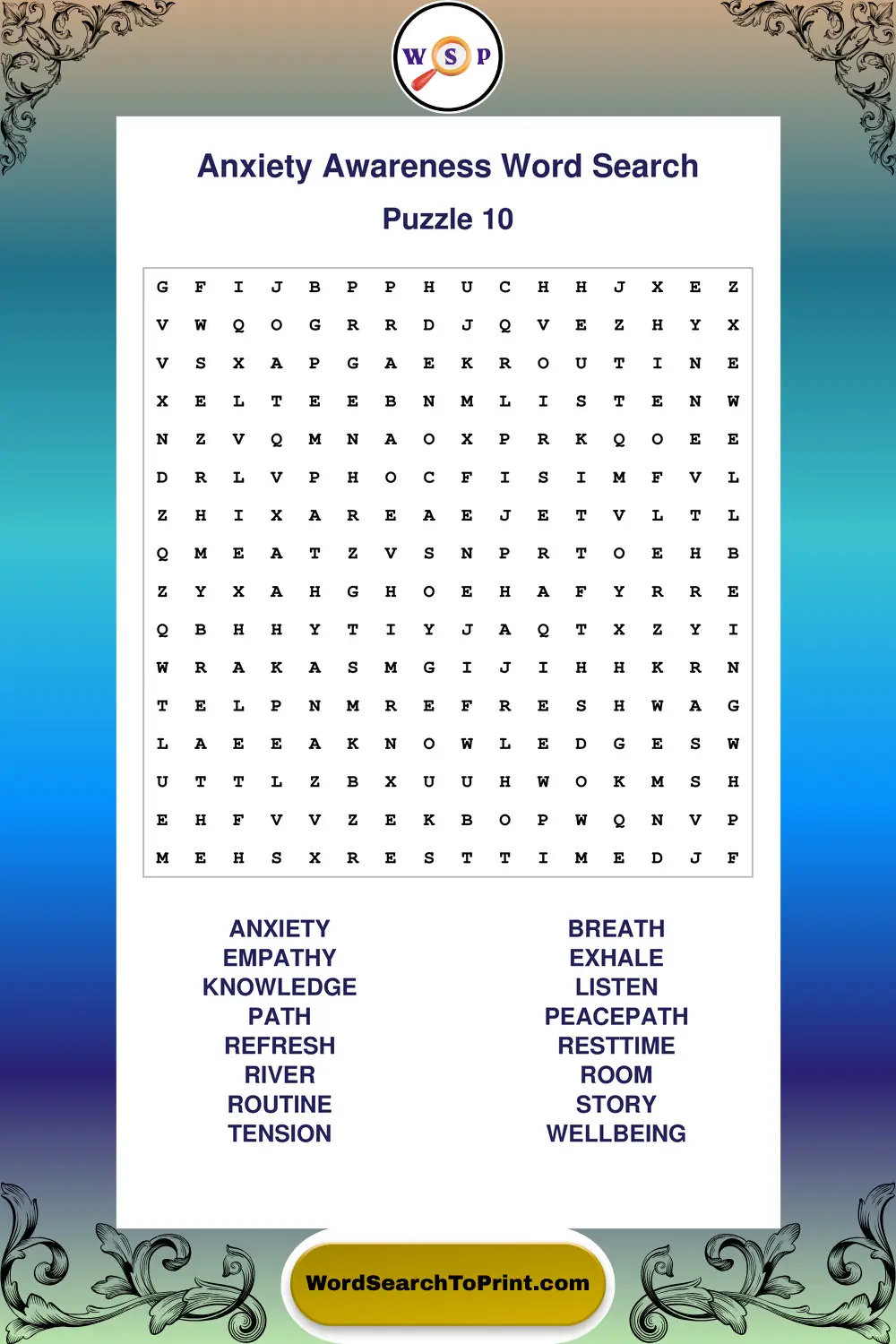 Anxiety Awareness Word Search Puzzle 10