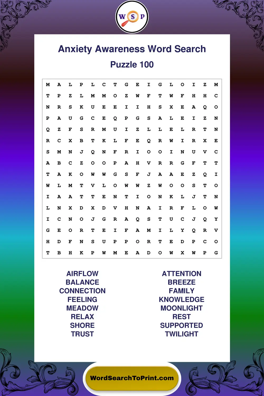 Anxiety Awareness Word Search Puzzle 100