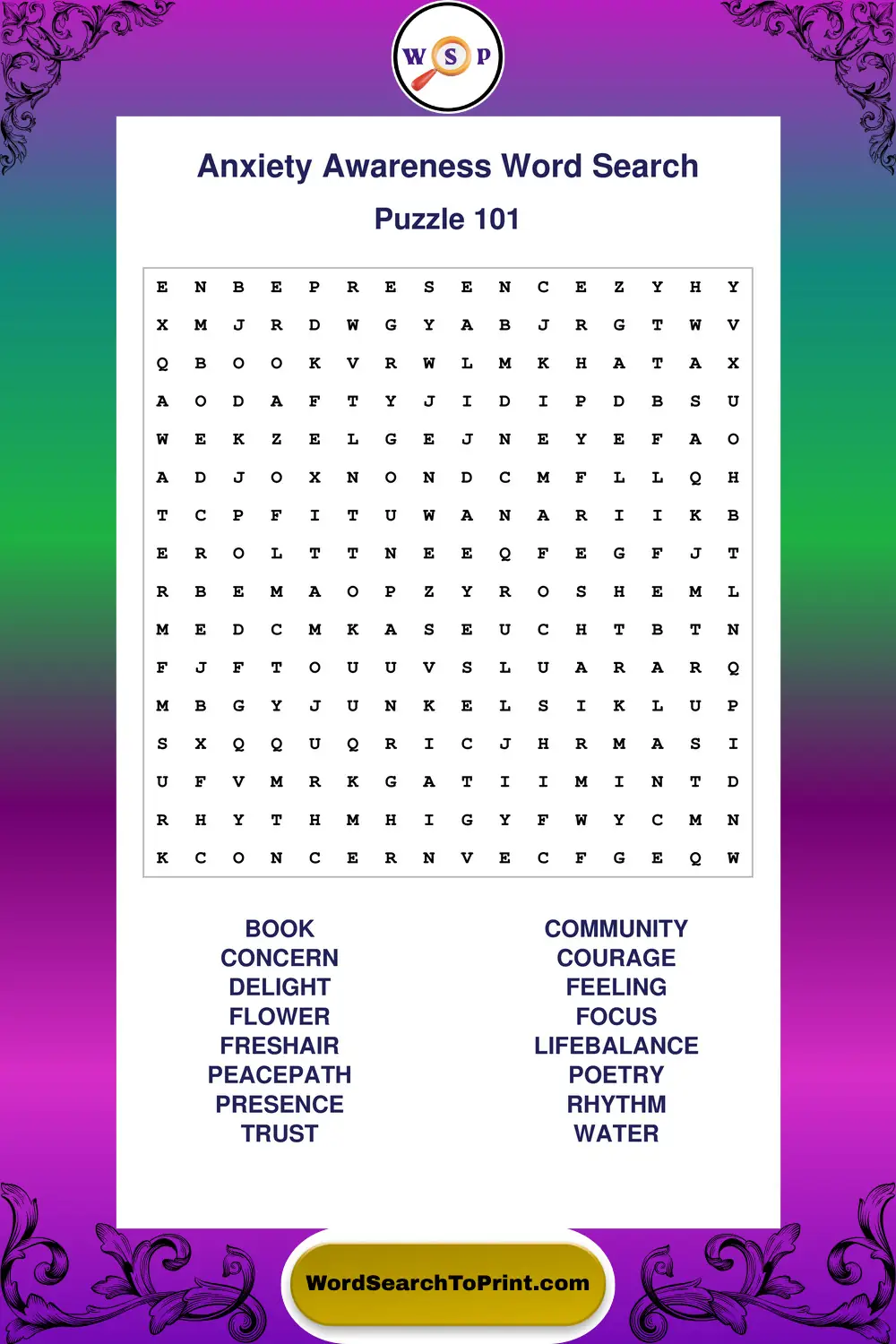 Anxiety Awareness Word Search Puzzle 101