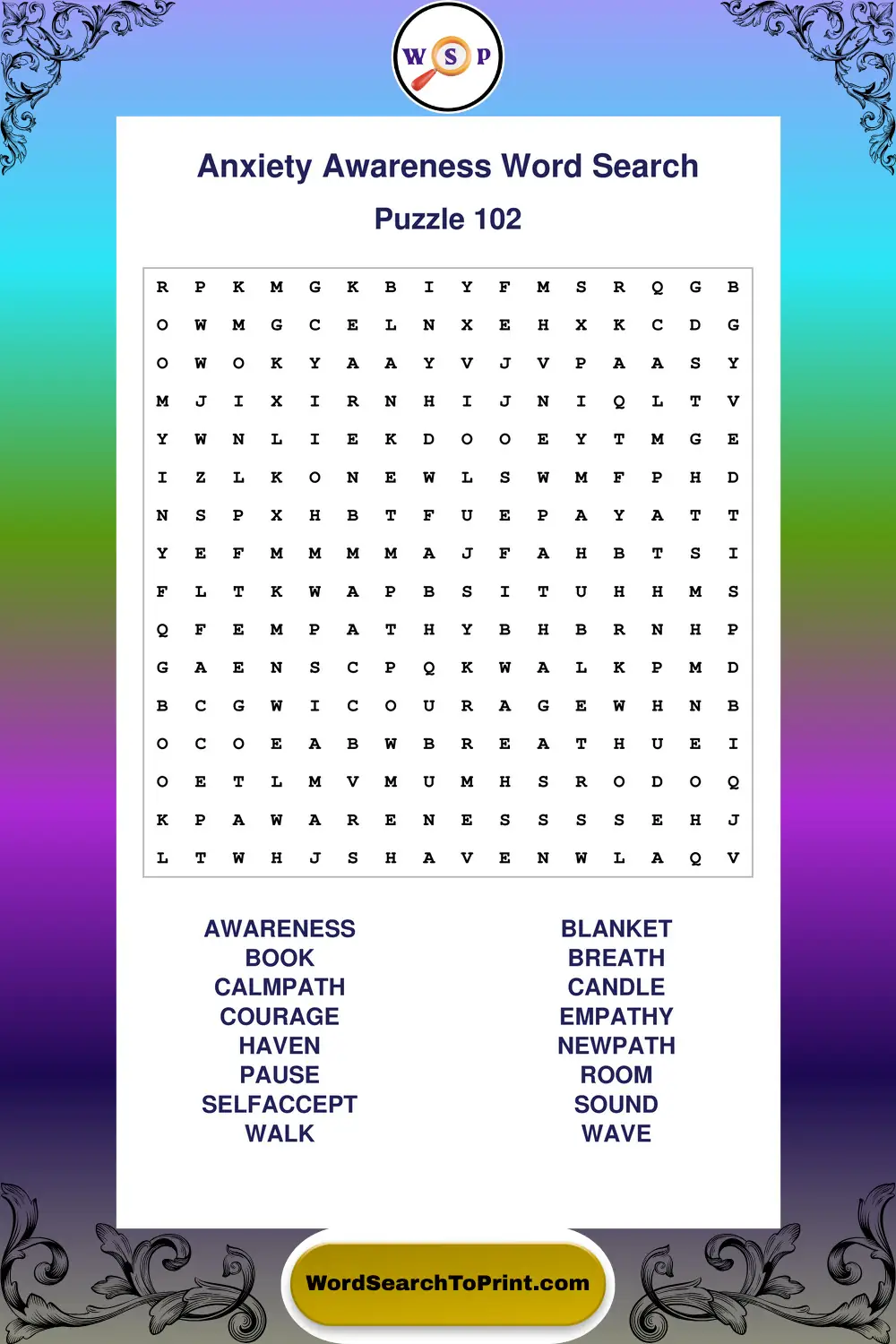 Anxiety Awareness Word Search Puzzle 102
