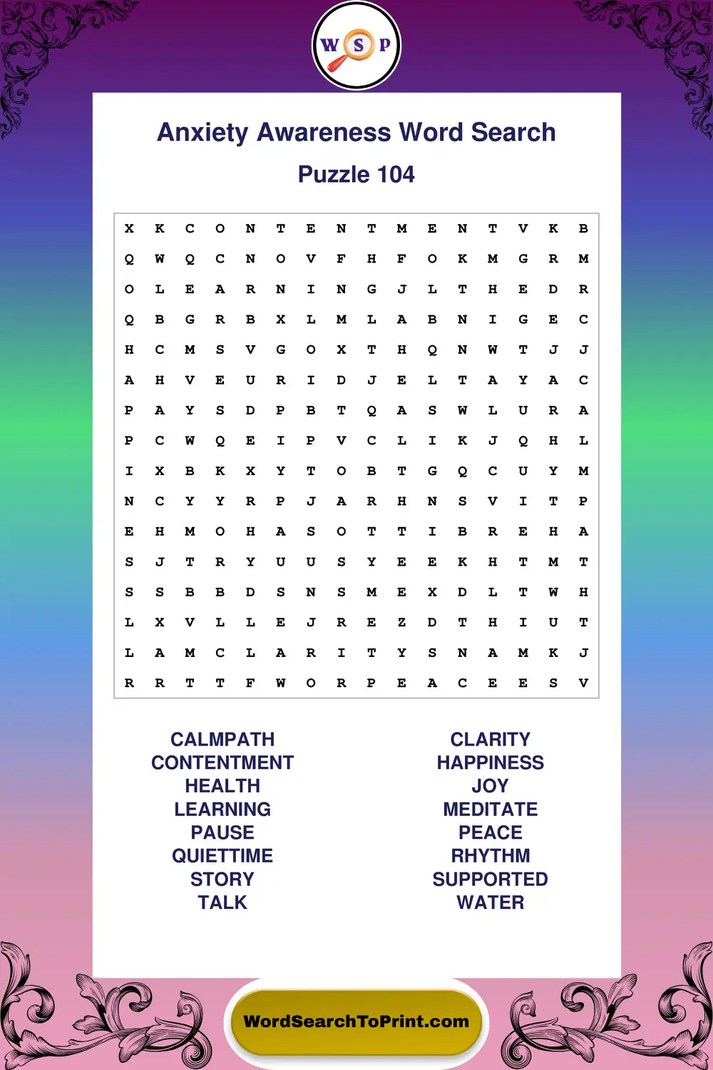 Anxiety Awareness Word Search Puzzle 104