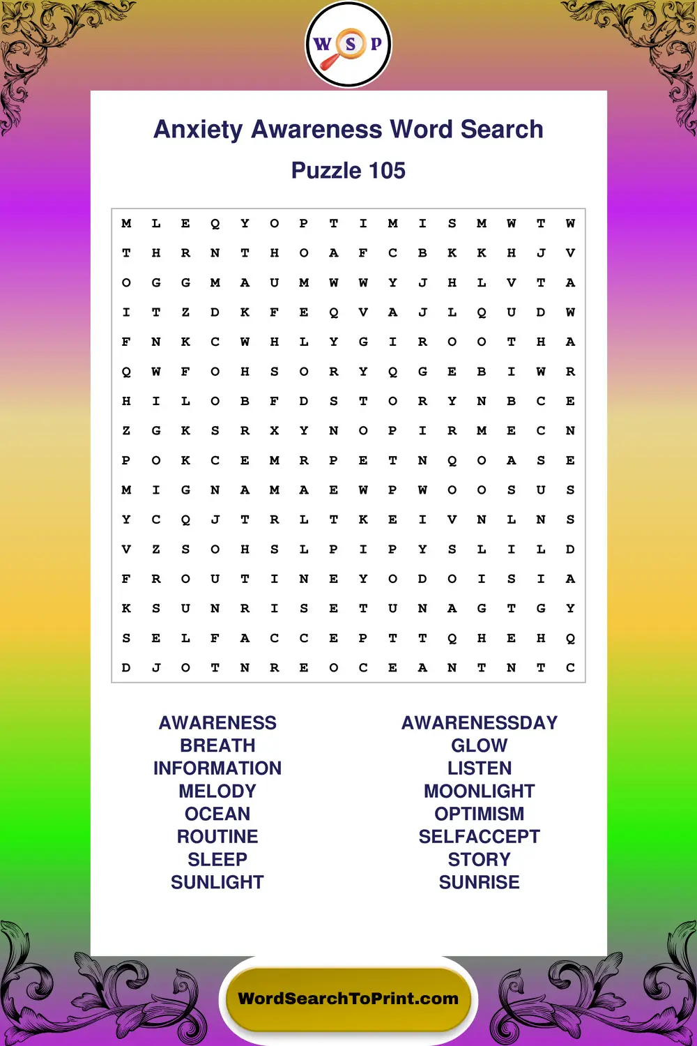 Anxiety Awareness Word Search Puzzle 105