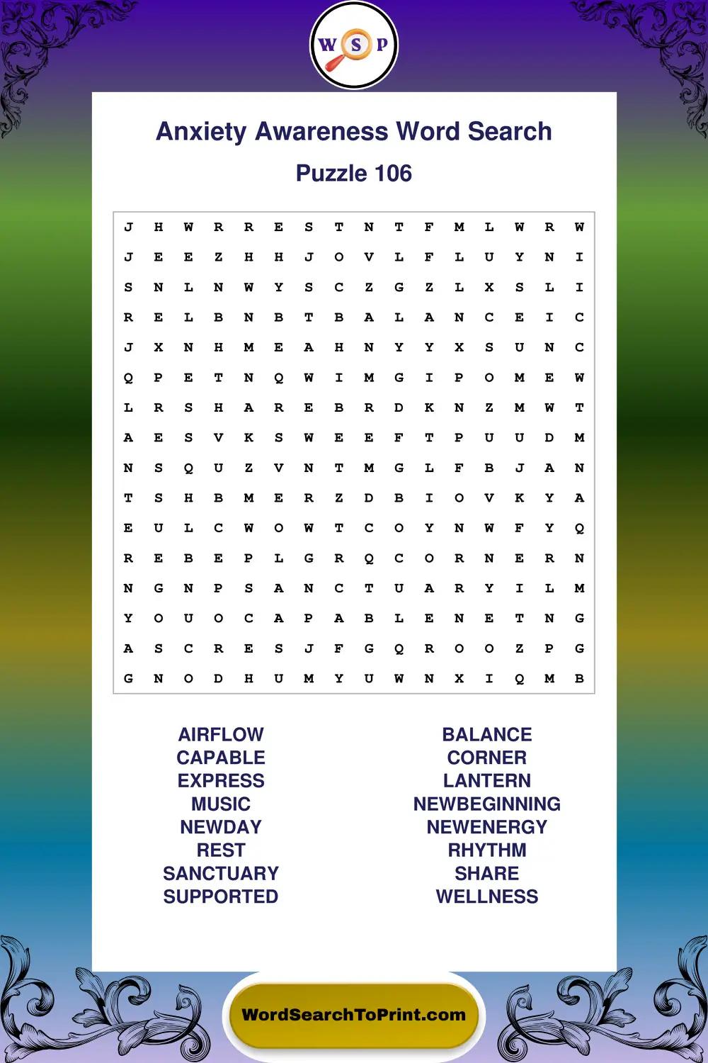 Anxiety Awareness Word Search Puzzle 106