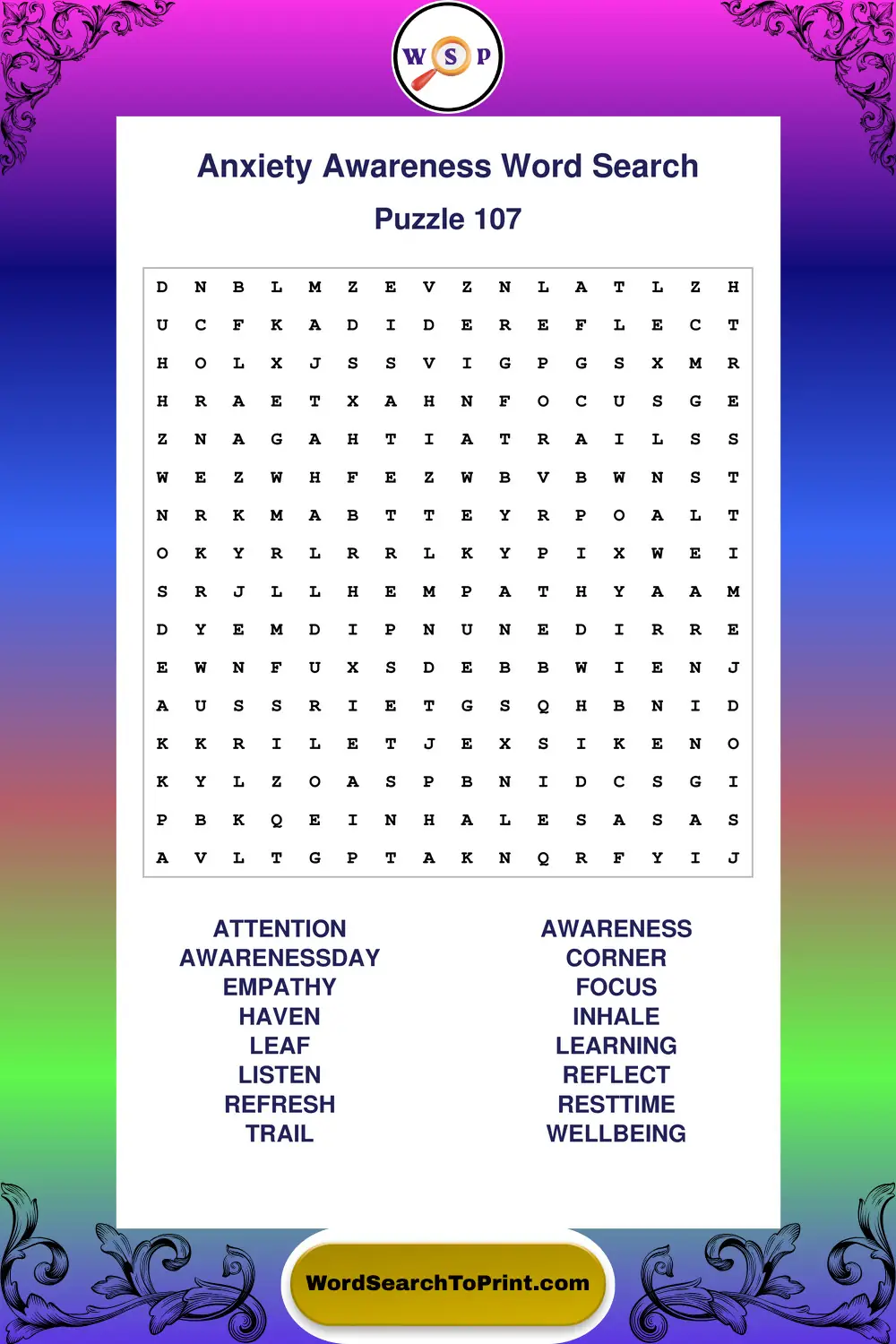 Anxiety Awareness Word Search Puzzle 107