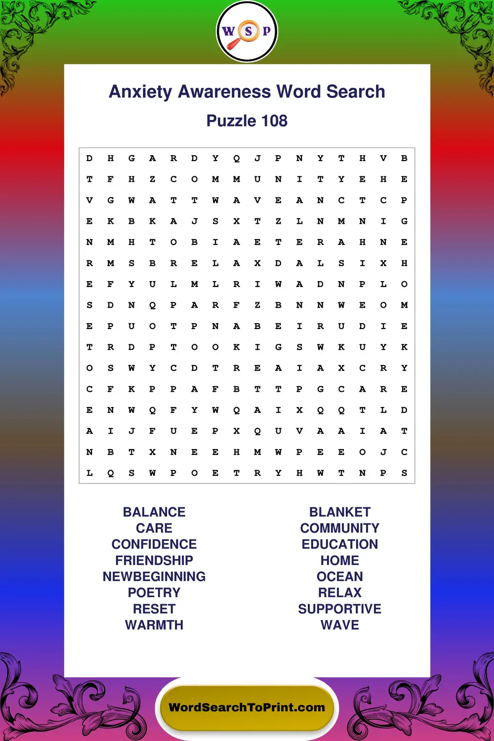 Anxiety Awareness Word Search Puzzle 108